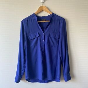 Mexx Band Collar Button Up Roll Up Sleeves Blouse Royal Blue